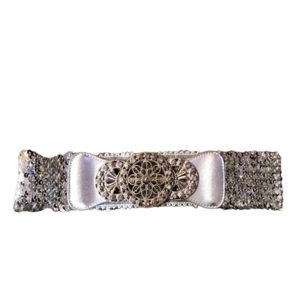 Metro 7 Silver Sequin Stretch Belt Womens One Size Used